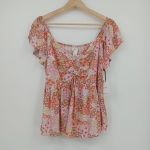 Japna Floral Ruched Peasant Blouse